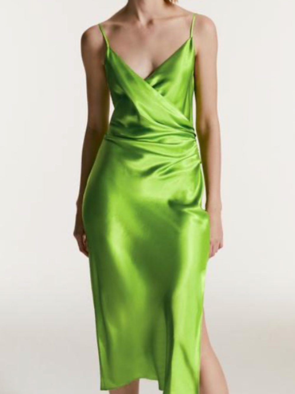ZARA GREEN DRAPED LINGERIE-STYLE DRESS